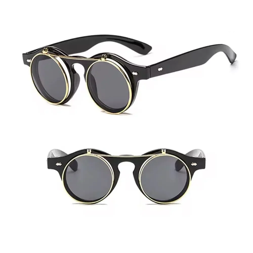 Music Festival Fashion Sunglasses Round Lenses Flip-Up Unisex - Shiny Black